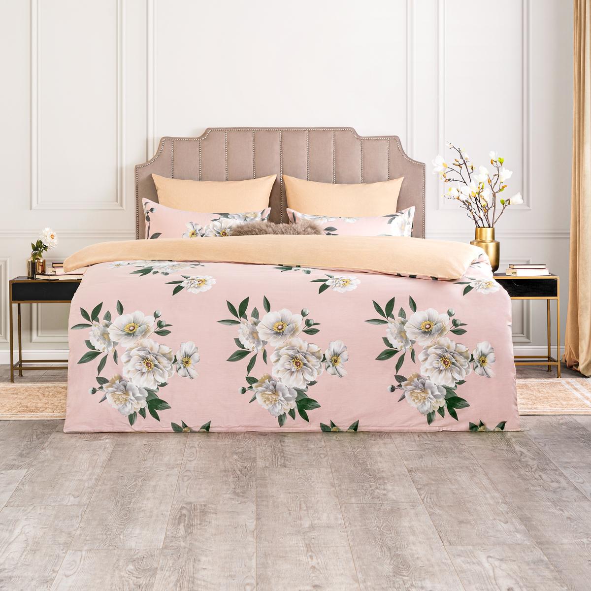 комплект постельного белья sofi de marko флер 11 белый с розовым полуторный Комплект постельного белья Estia Манолия бежевый с розовым Полуторный