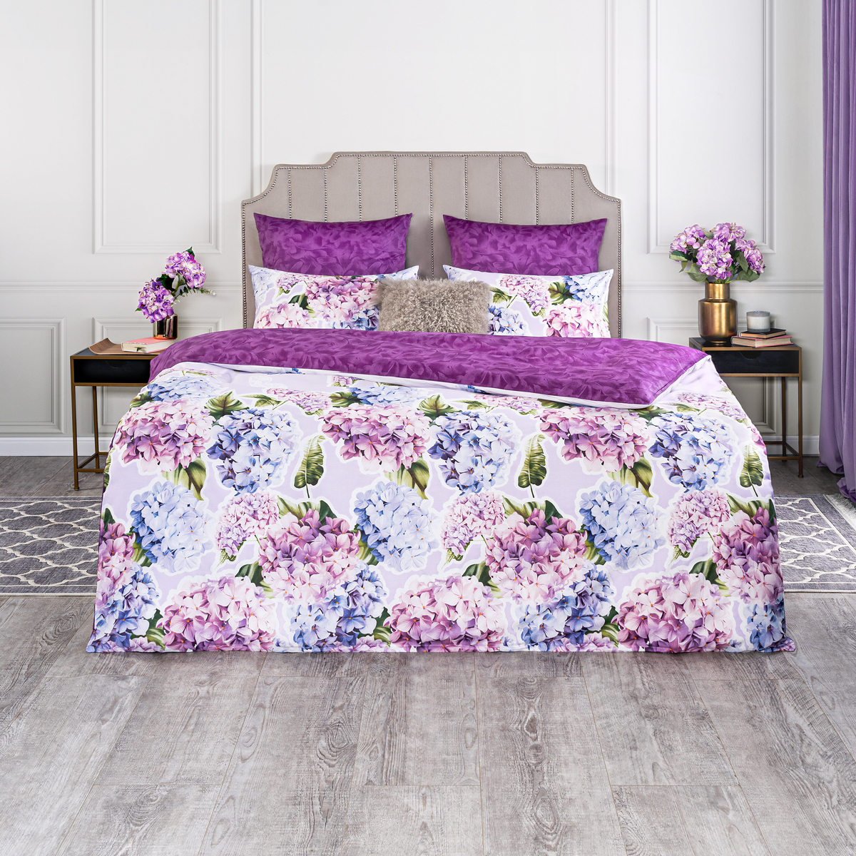 Комплект постельного белья Estia Флёр белый с фиолетовым Двуспальный евро