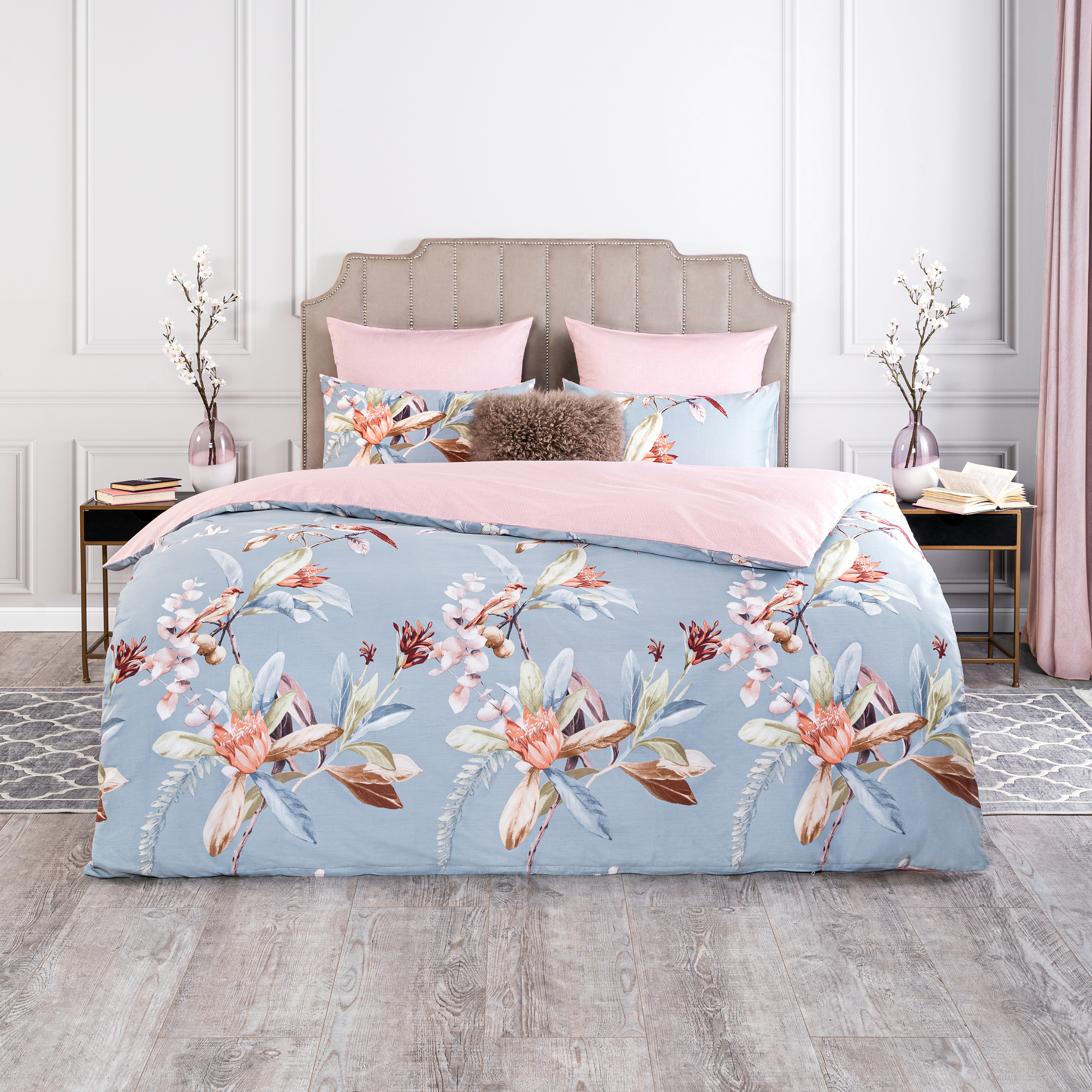 фото Комплект постельного белья estia этери голубой с розовым евро