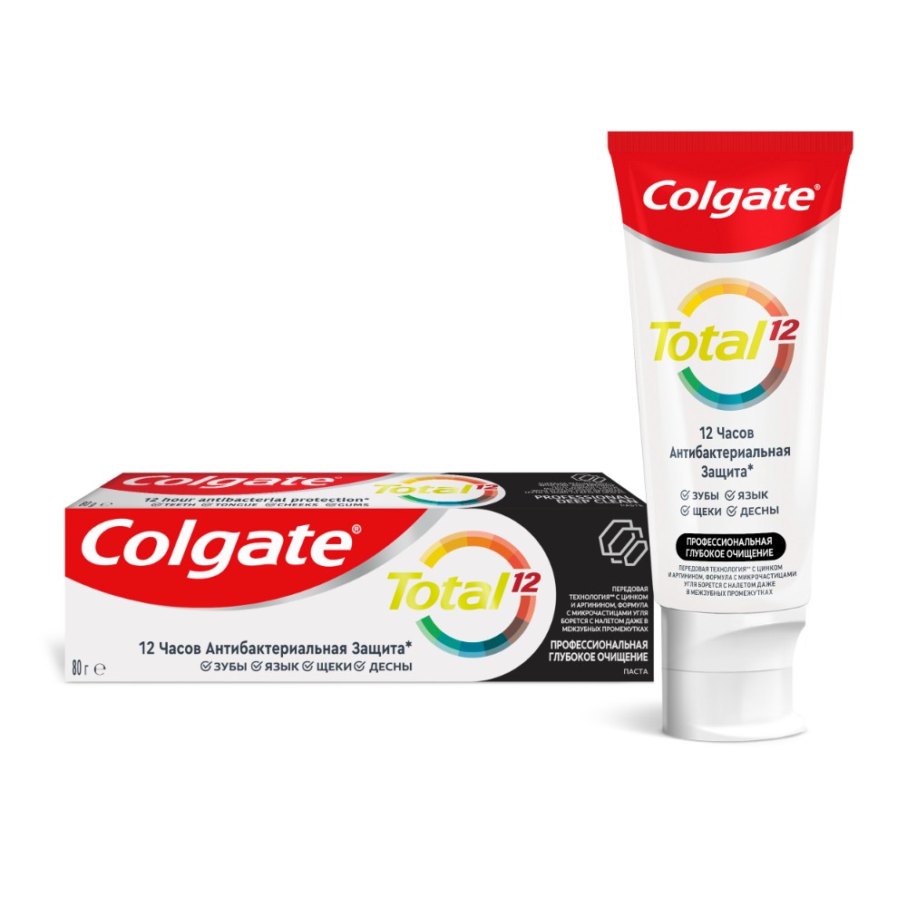Зубная паста Colgate Total 12 Профессиональная Глубокое Очищение с древесным углем, а также с цинком и аргинином для антибактериальной защиты всей полости рта в течение 12 часов, 80 гр зубная щетка colgate 360 суперчистота всей полости рта