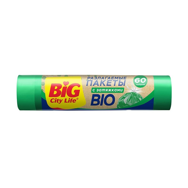 Пакеты для мусора Big City Life Bio с затяжками 60 л 10 шт, цвет зелёный - фото 1