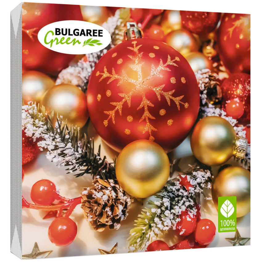 Салфетки бумажные Bulgaree green Новогодние шары красные, 3 слоя, 33x33см, 20 штук, цвет в ассортименте