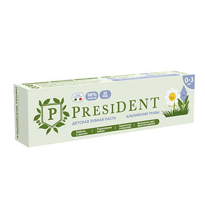 Паста зубная President детская альпийские травы 0-3, 32г детская зубная паста мамина малинка 0 3 лет 32г