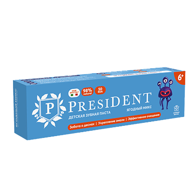 Паста зубная President детская ягодный микс 6+, 43г паста зубная president calcium 68г