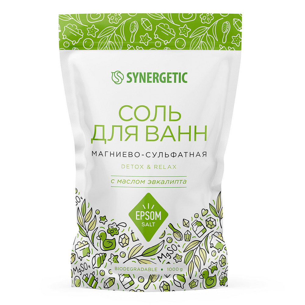 цена Соль для ванн магниево-сульфатная с маслом эвкалипта Synergetic 1 кг