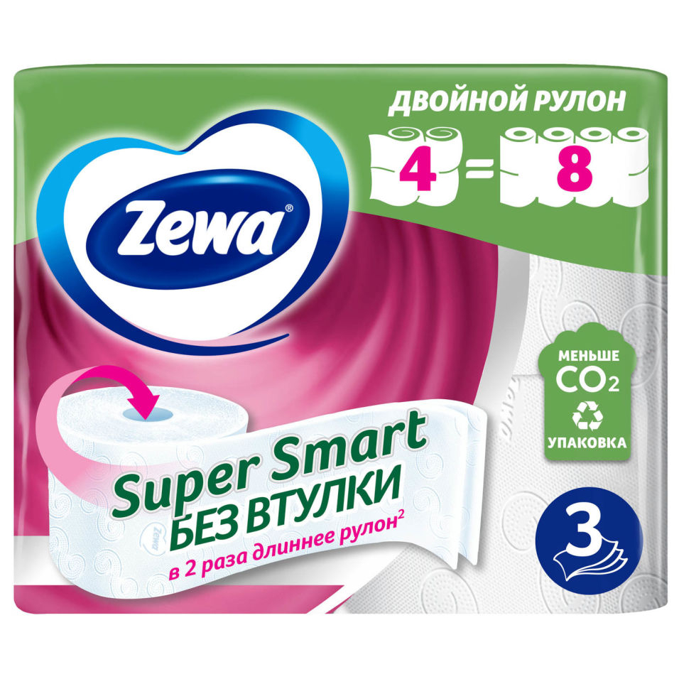 Туалетная бумага Zewa Super Smart белая 3 слоя, 4 рулона