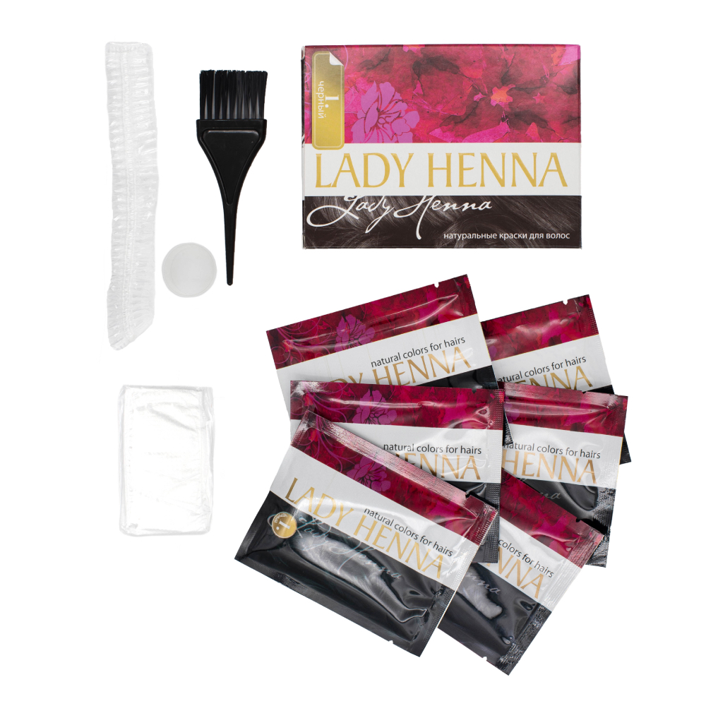 Краска для волос Lady Henna на основе хны Черный, 6 х 10 г кисть для окрашивания волос 20 5 х 3 5 см