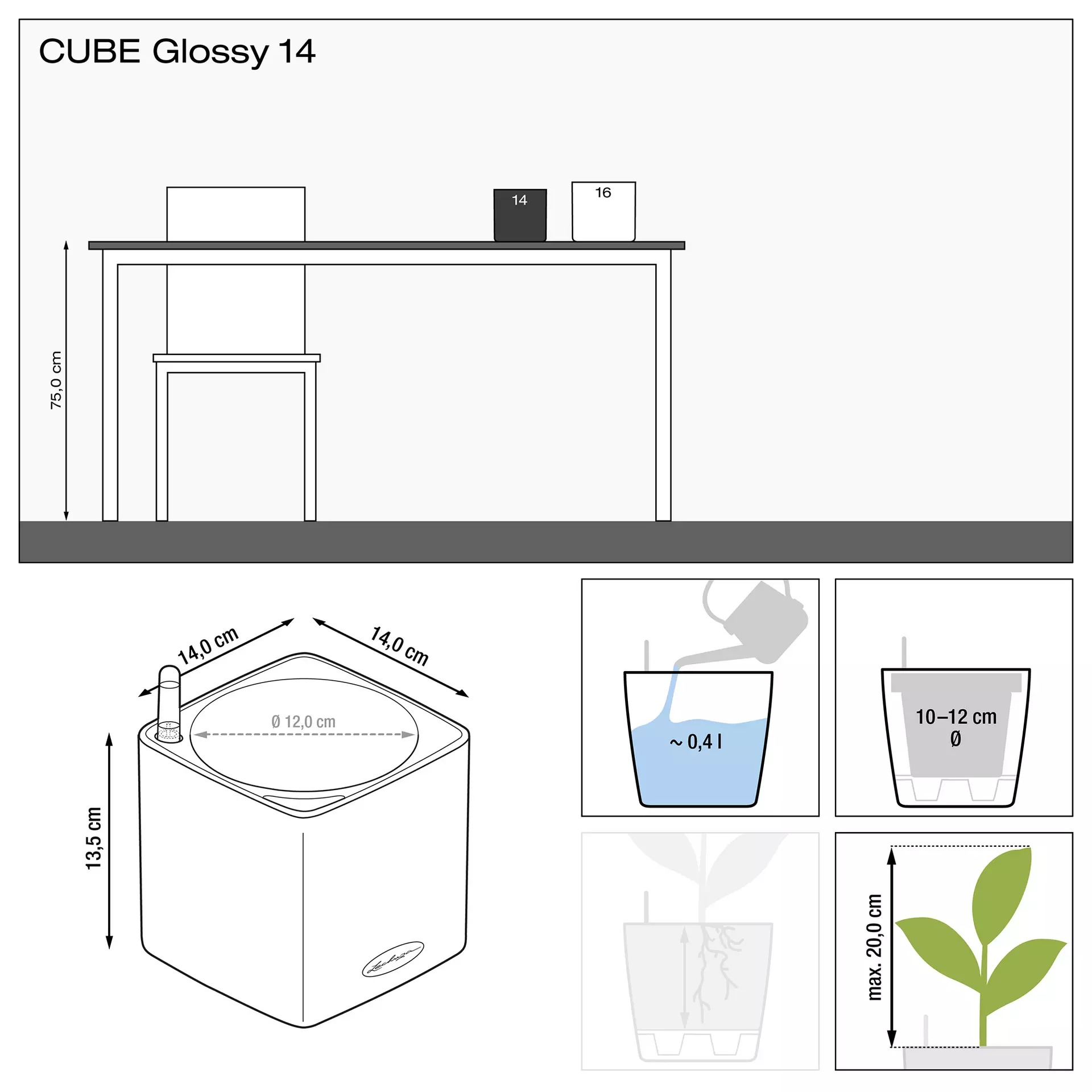 фото Кашпо lechuza cube glossy с автополивом белое 14х14 см