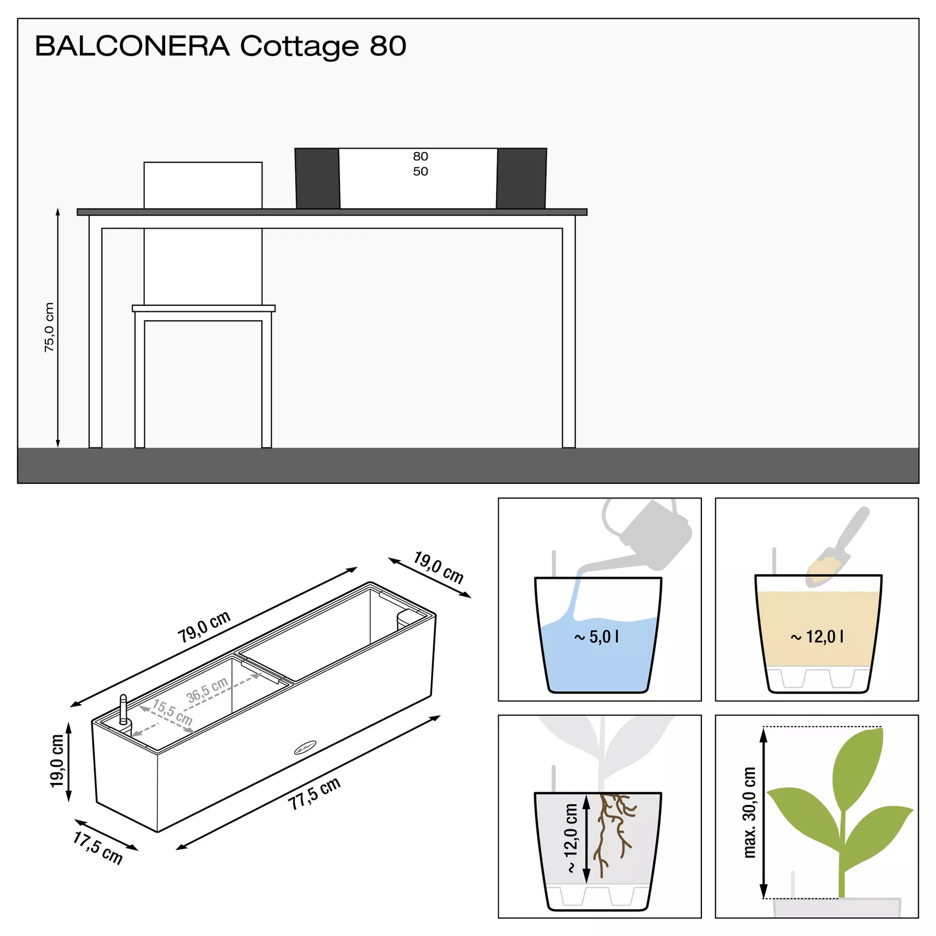 фото Кашпо lechuza balconera cottage с автополивом серое 80 см