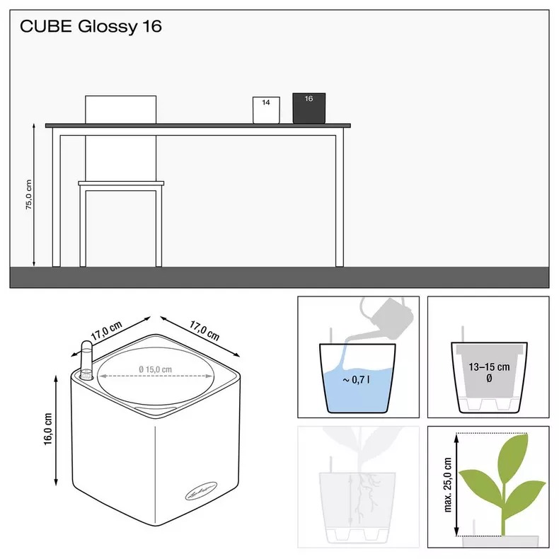 фото Кашпо с автополивом lechuza cube glossy белое 17х16 см