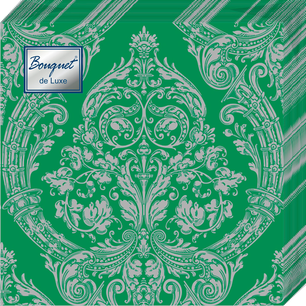 Салфетки Bouquet de luxe бумажные серебро на зелёном 24х24 3сл 25л