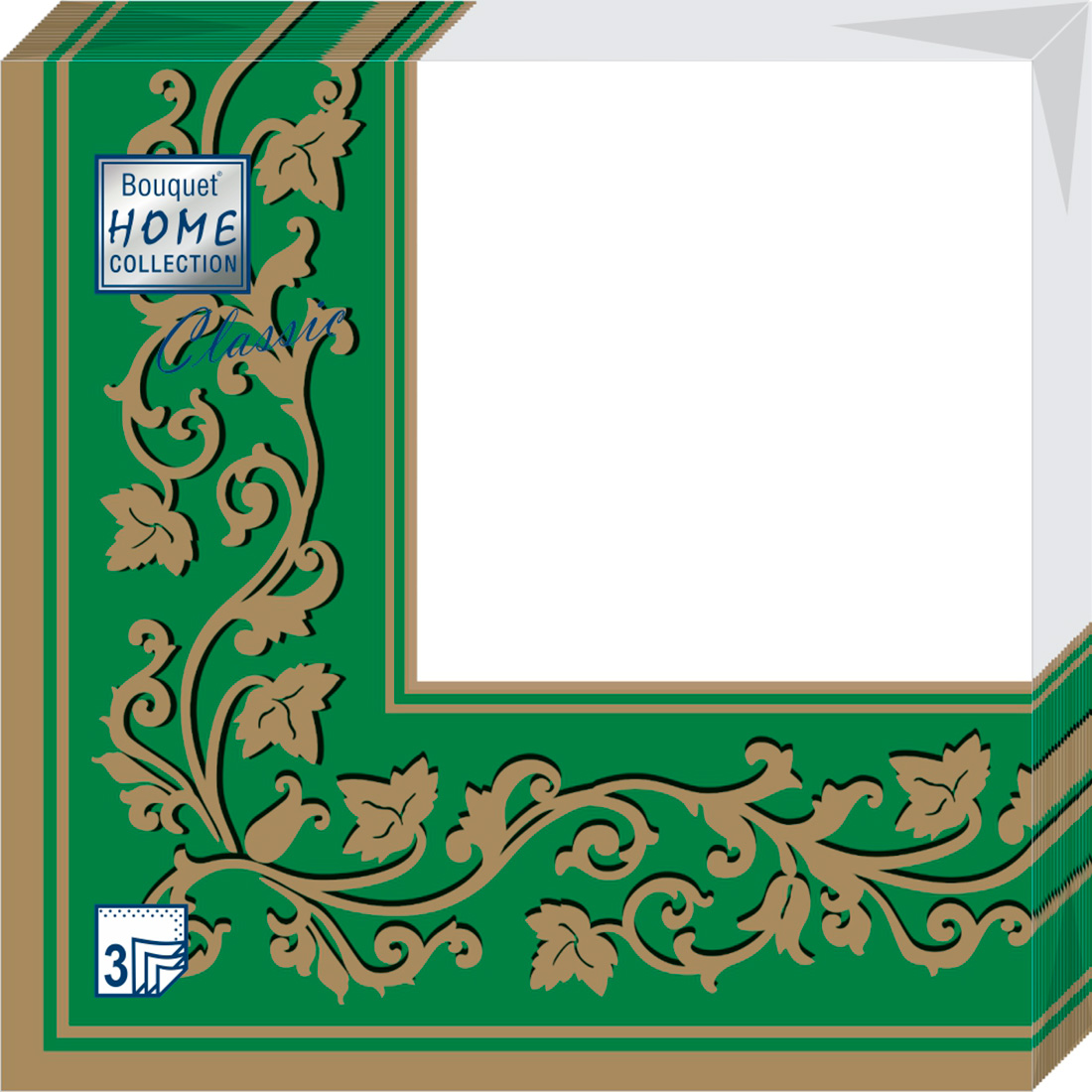 Салфетки Home collect classic бумажные золотые узоры на зеленом фоне 3сл 20л