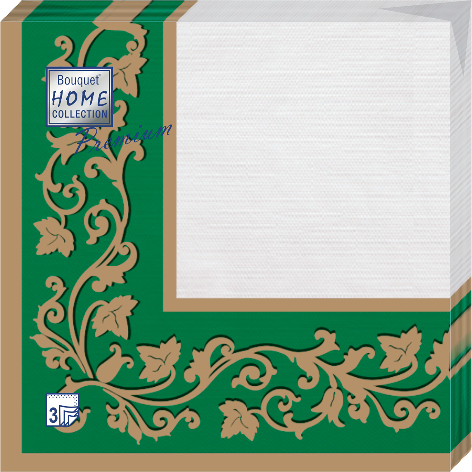 Салфетки Home collect premium бумажные золотые узоры на зеленом 40х40 3сл 20л - фото 1