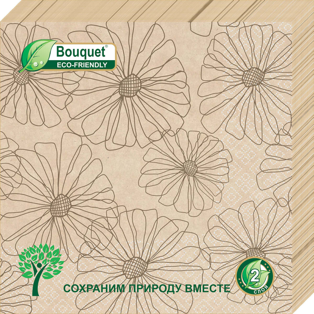 Салфетки Bouquet eco-friendly бумажные крафтовые ромашки 33х33 2сл 25л - фото 1