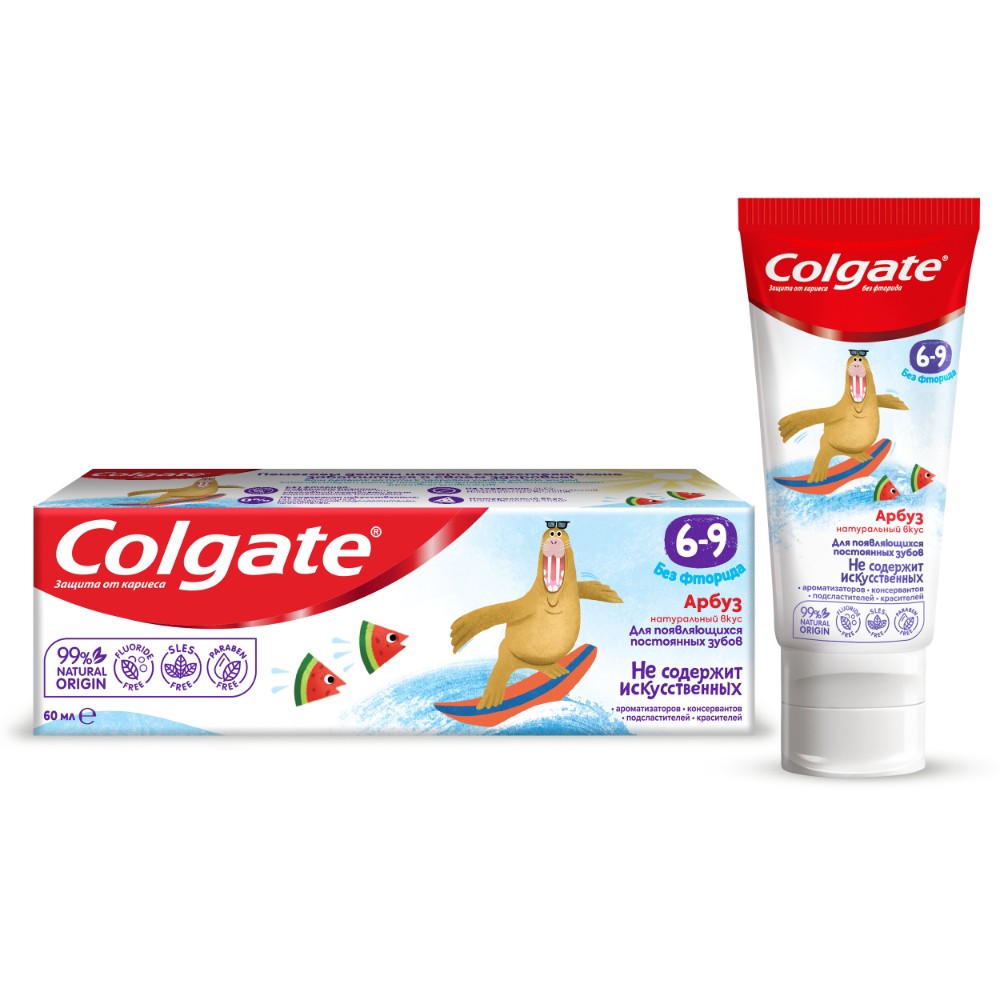 Зубная паста детская Colgate 6-9, без фторида, для детей от 6 до 9 лет, со вкусом арбуза, 60 мл детская зубная паста synergetic липа и ромашка от 0 до 3 лет 50 г