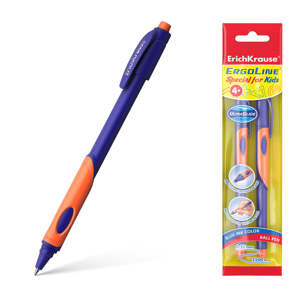 Ручка шариковая Erich Krause ErgoLine Kids Ultra Glide Technology оранжевая грип-зона, синяя