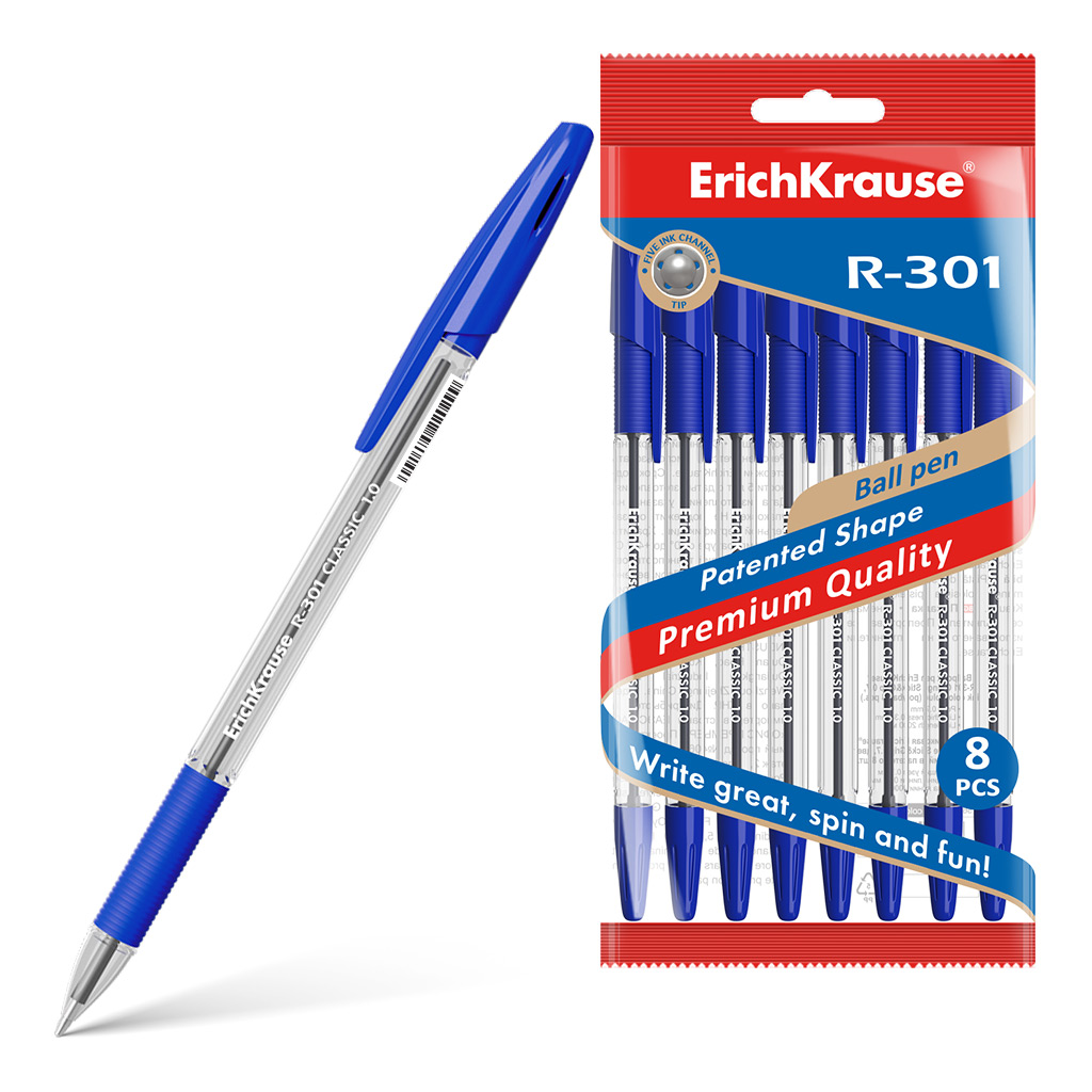 Ручка шариковая Erich Krause R-301 Classic Stick&Grip 1.0 синяя щётка расчёска двухсторонняя нескользящая ручка чёрно синяя 17 5 х 6 5 см