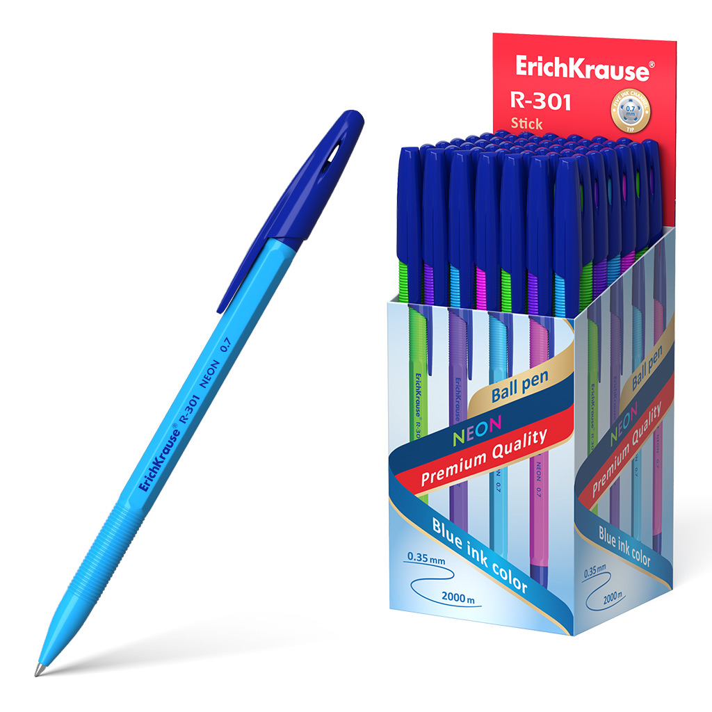 Ручка шариковая Erich Krause R-301 Neon Stick 0,7 синяя в ассортименте щётка расчёска двухсторонняя нескользящая ручка чёрно синяя 17 5 х 6 5 см