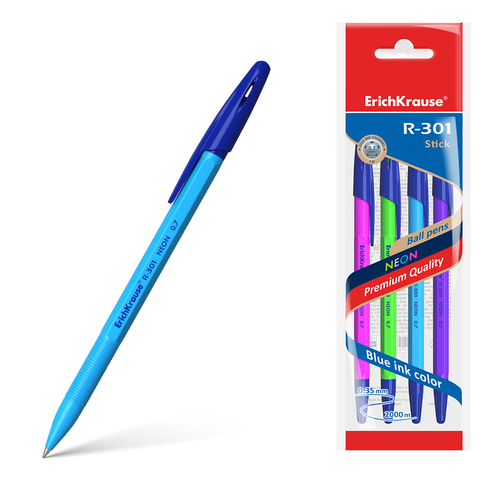 Ручка шариковая Erich Krause R-301 Neon Stick 0,7 синяя в ассортименте ручка шариковая erich krause ergoline kids ultra glide technology 0 35 мм синяя