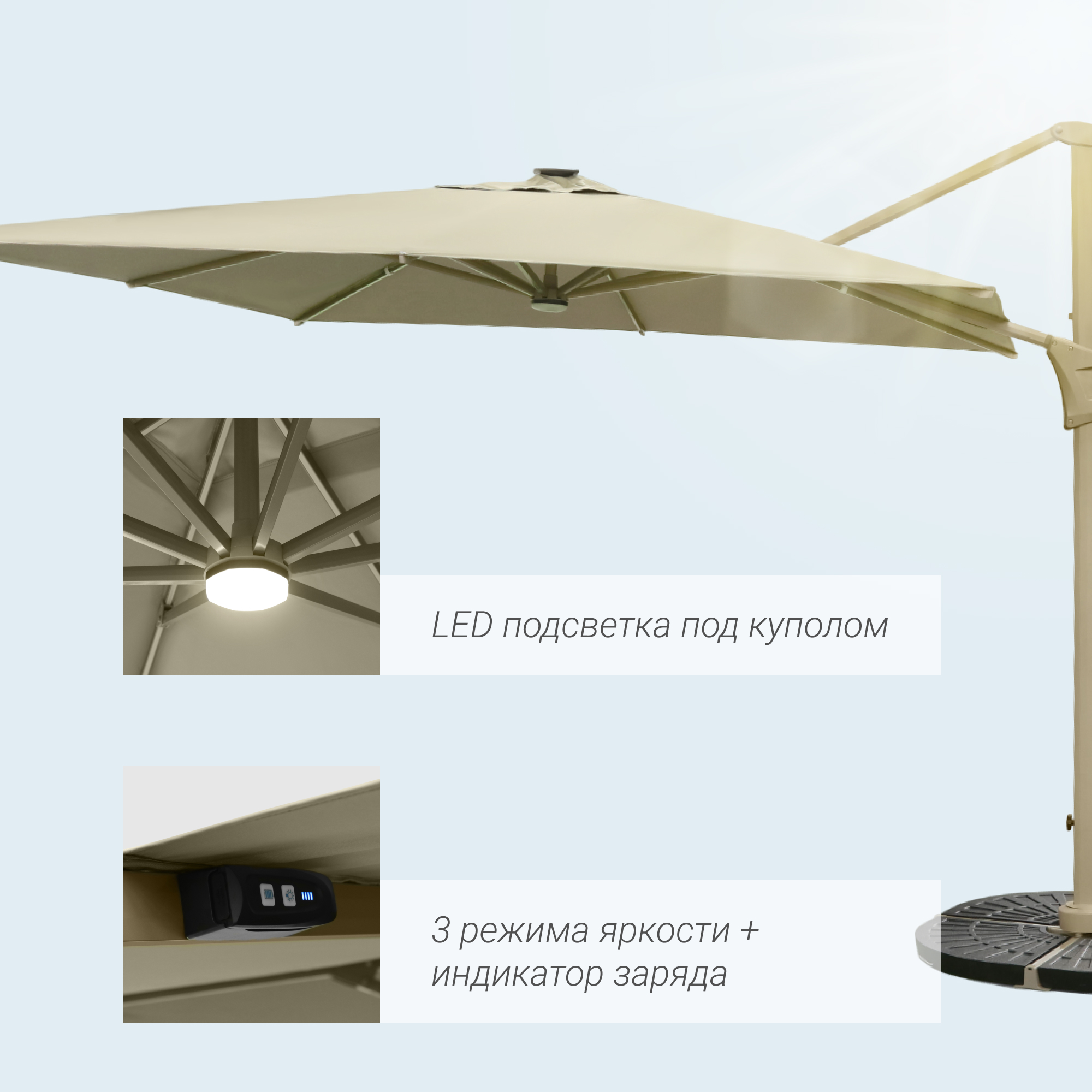 фото Зонт с led подсветкой greenpatio набор с кронштейном и утяжелителем 300х300 см