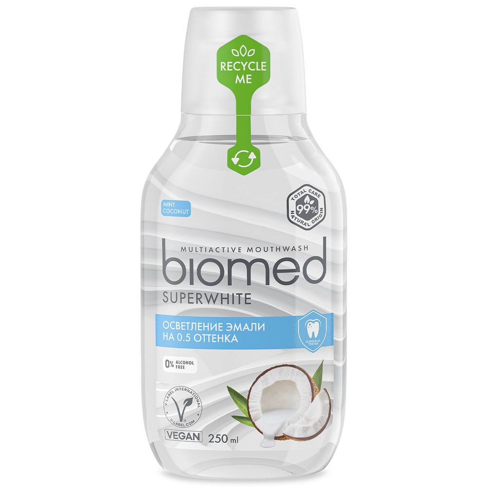 Ополаскиватель для полости рта BioMed Кокос 250 мл антибактериальный ополаскиватель для полости рта для снижения чувствительности biomed sensitive виноград 500 мл