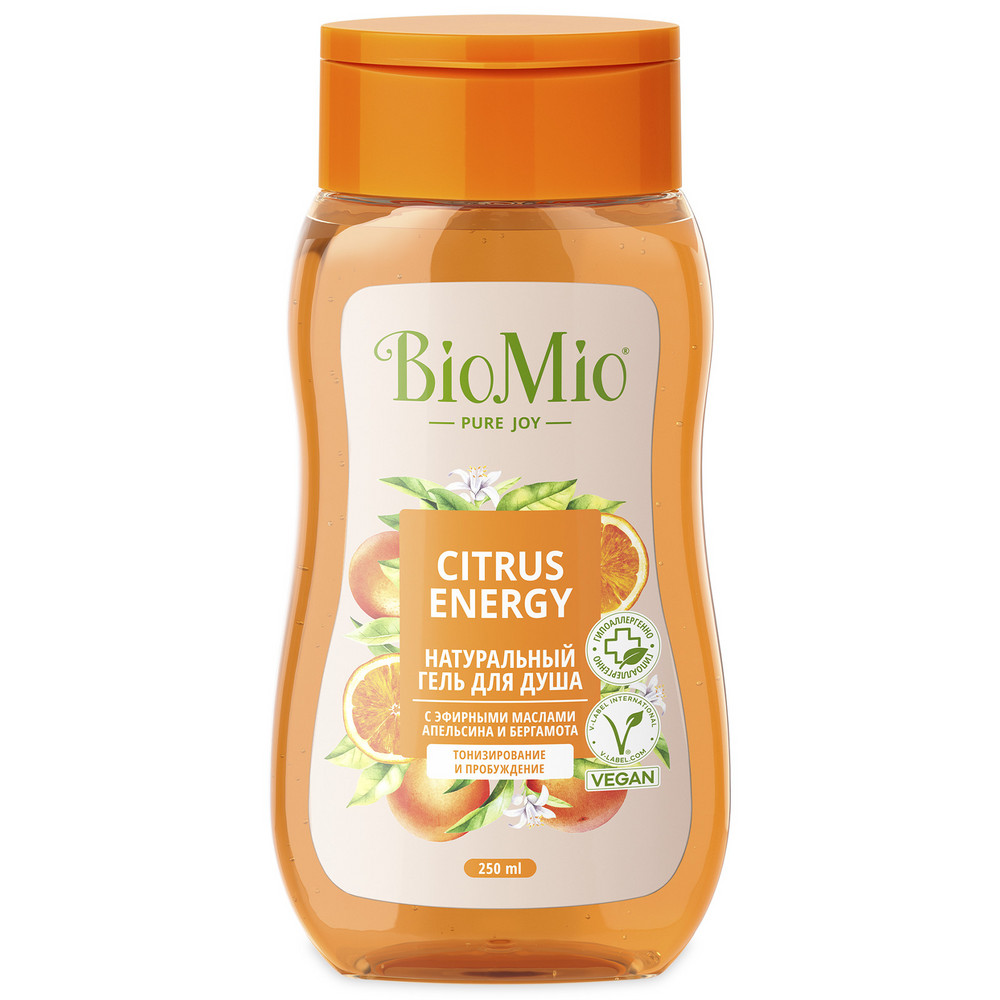 Гель для душа натуральный BioMio с эфирными маслами апельсина и бергамота  0,25 л гель масло для душа очищающее с эфирными маслами 300г