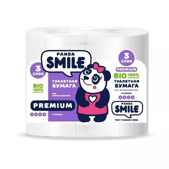 Туалетная бумага Panda Smile 3 слоя 4 рулона, цвет белый