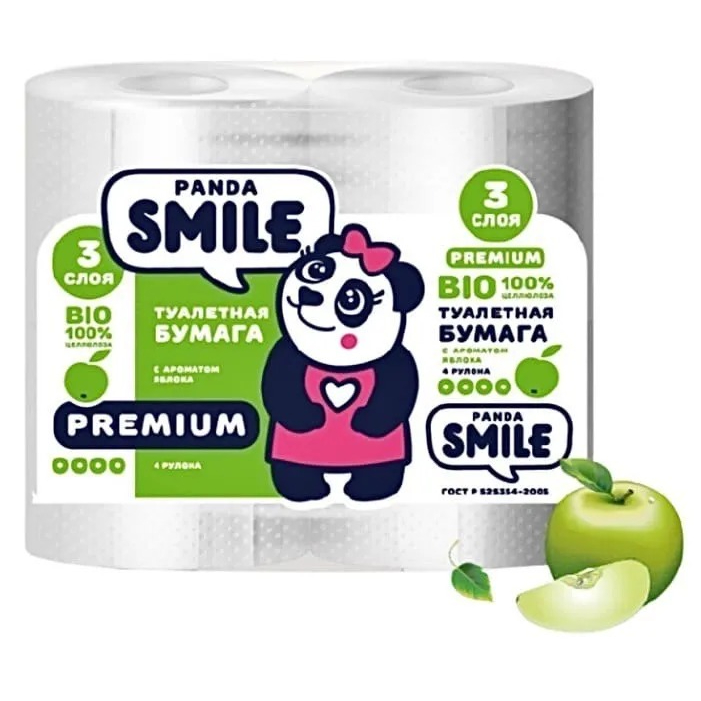Туалетная бумага Panda Smile Яблоко 3 слоя 4 рулона