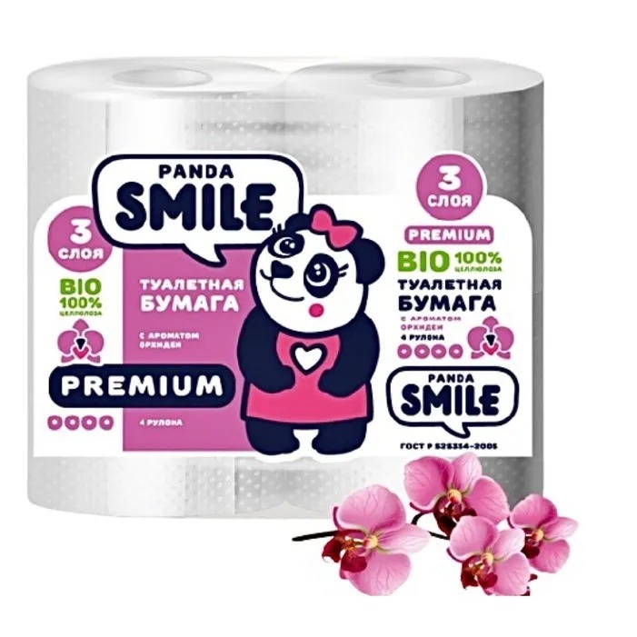 Туалетная бумага Panda Smile Орхидея 3 слоя 4 рулона, цвет белый