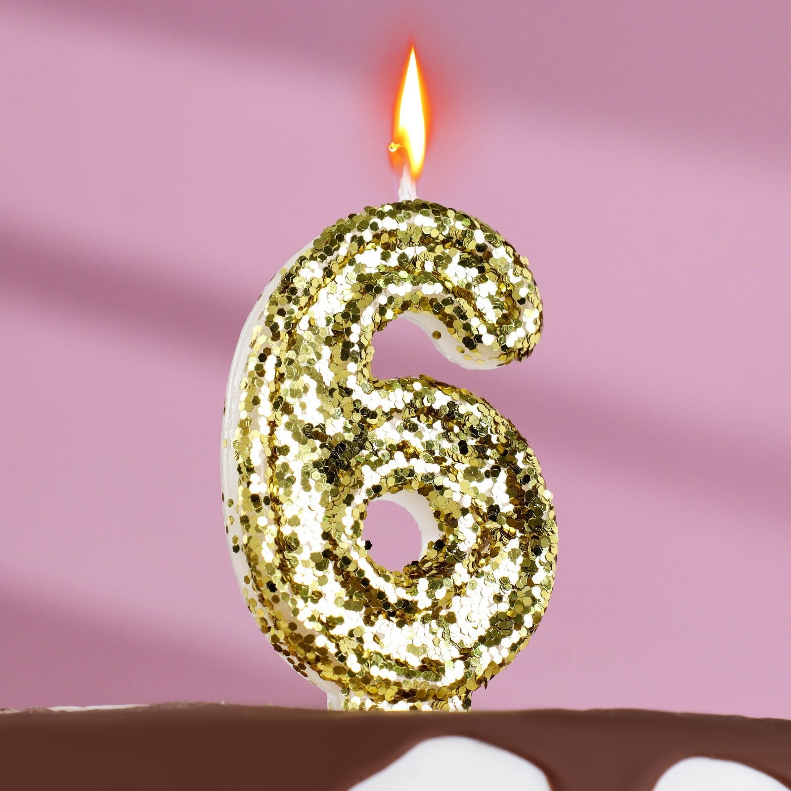 Свеча в торт Страна Карнавалия Блестки золотистая цифра 6 свеча восковая для торта