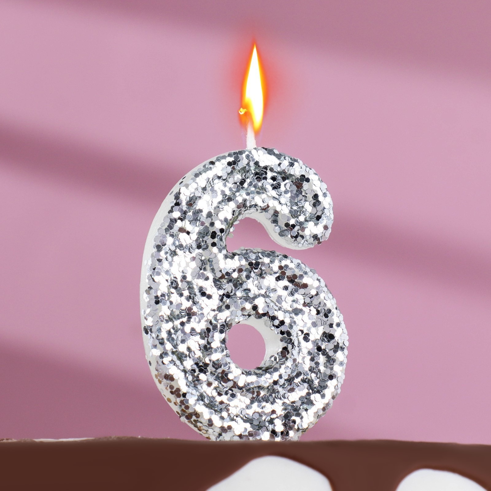 Свеча в торт Страна Карнавалия Блестки серебристая цифра 6 свеча восковая для торта