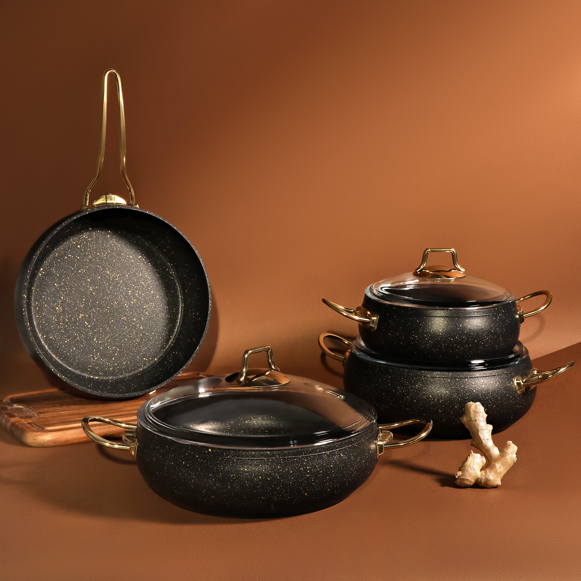 Набор посуды Kitchenstar Granite belly черный 7 предметов, цвет золотистый - фото 5