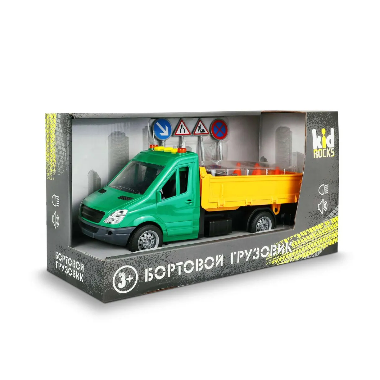 Модель Kid Rocks Бортовой грузовик 1:16 со звуком и светом бензопила с шестерёнками световые и звуковые эффекты работает от батареек