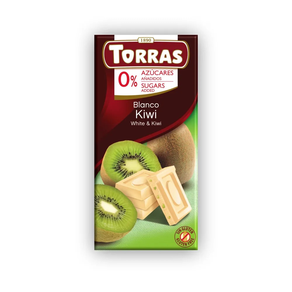 Шоколад  Torras белый с кусочками киви без сахара 75 г шоколад torras темный 43% без сахара с экстрактом овсяных хлопьев пастой из фундука и кусочками апельсина 100 г