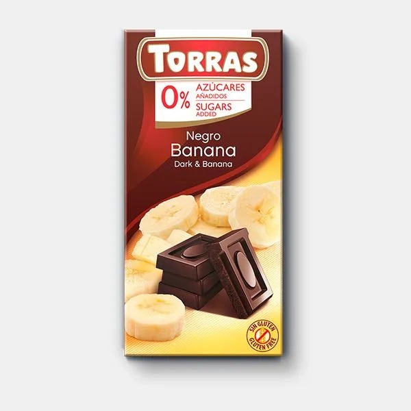 Шоколад  Torras темный 52% с кусочками банана без сахара 75 г