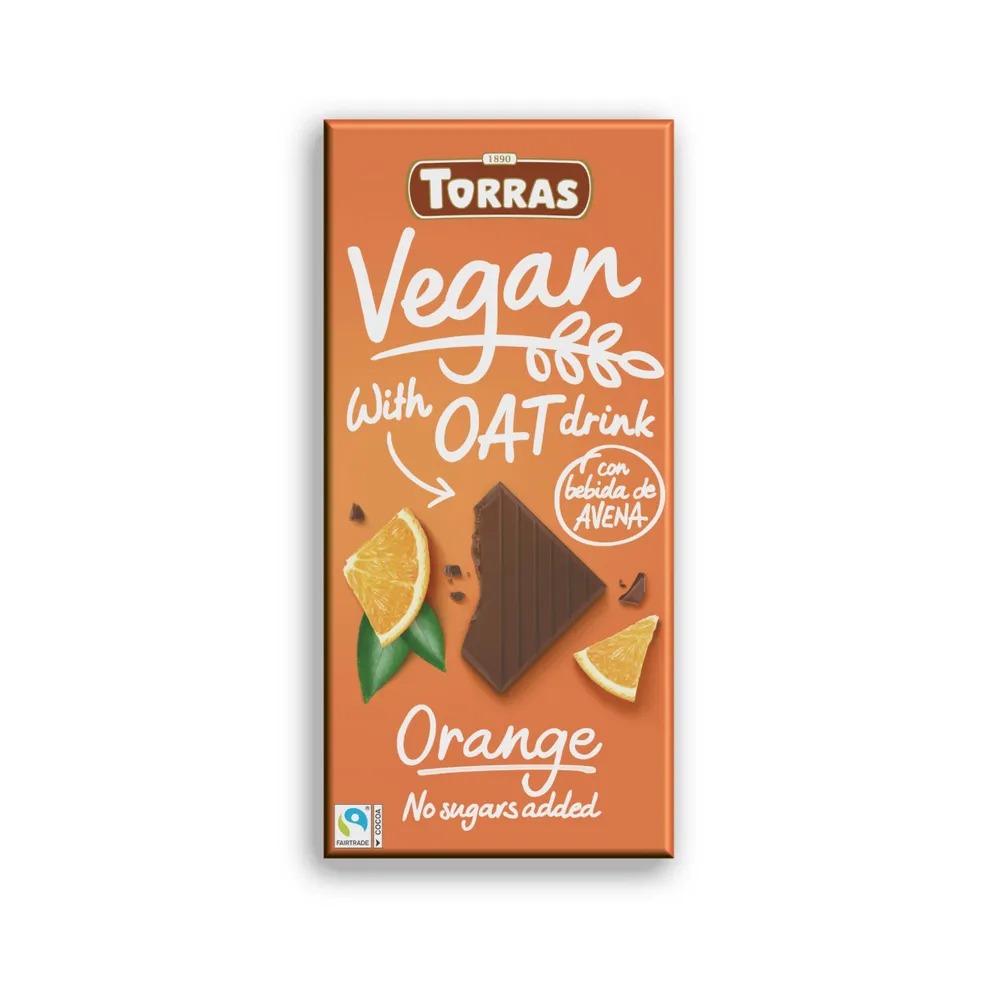 Шоколад  Torras темный 43% без сахара с экстрактом овсяных хлопьев, пастой из фундука и кусочками апельсина 100 г
