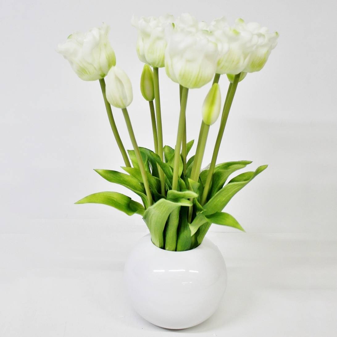 Тюльпаны Конэко-О 10150_х2_10161 в белом кашпо 45 см, цвет зеленый