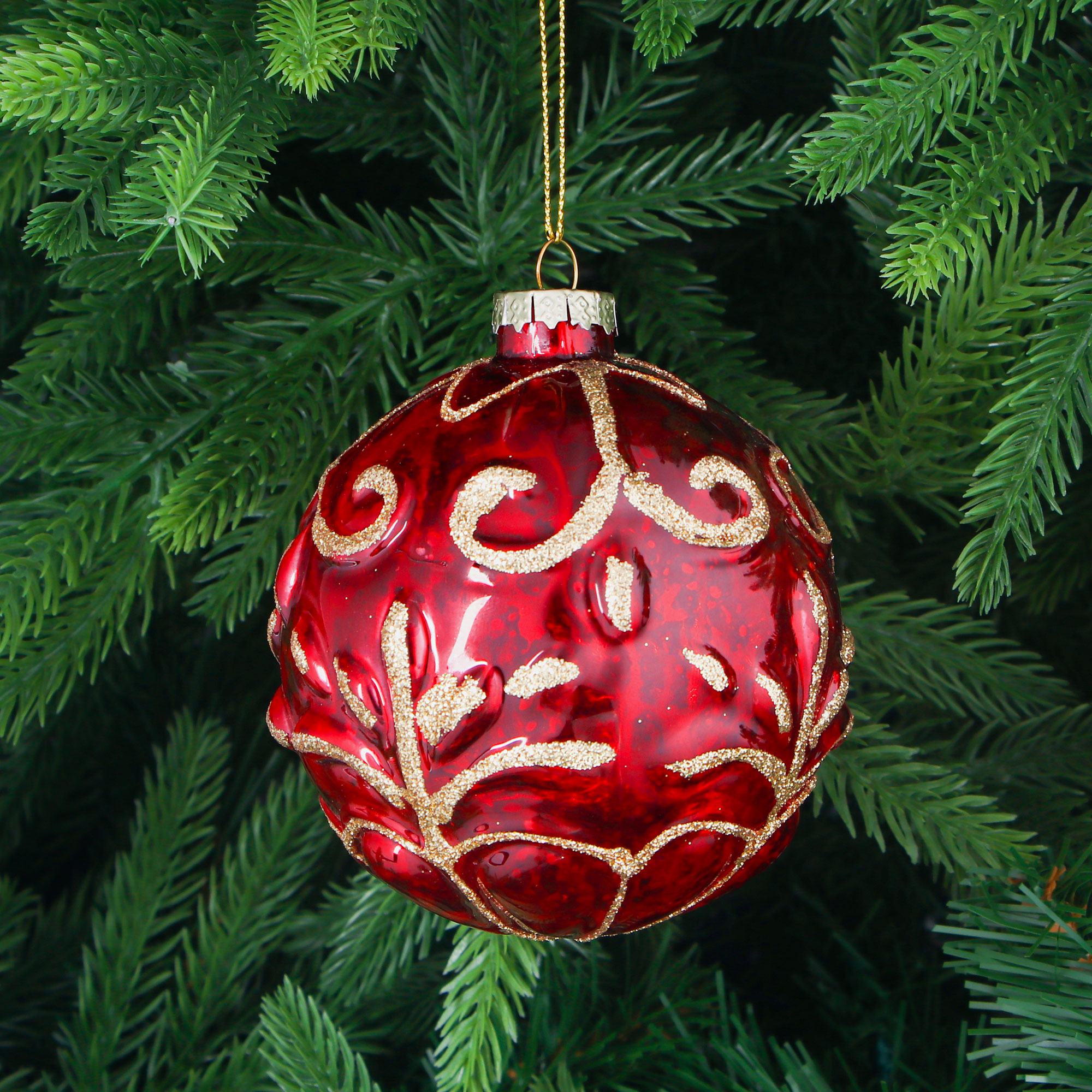 

Игрушка ёлочная Yancheng Shiny шар стеклянный красный с золотистым узором 10 см, Красный;золотистый