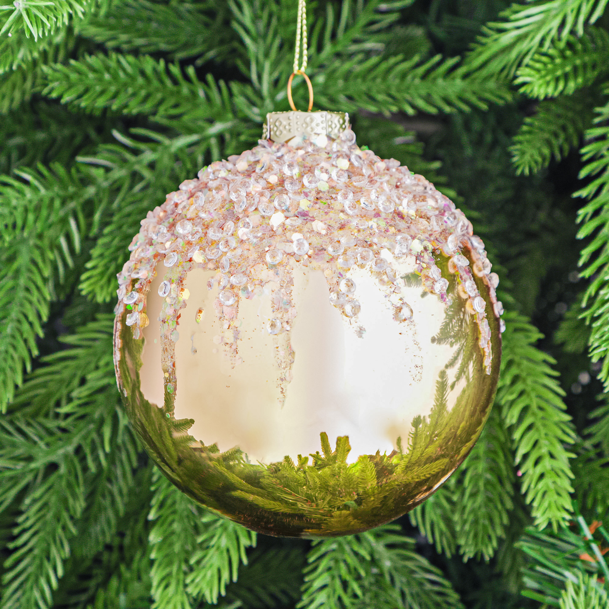 

Игрушка ёлочная Yancheng Shiny шар стеклянный с блёстками 10 см, Золотистый