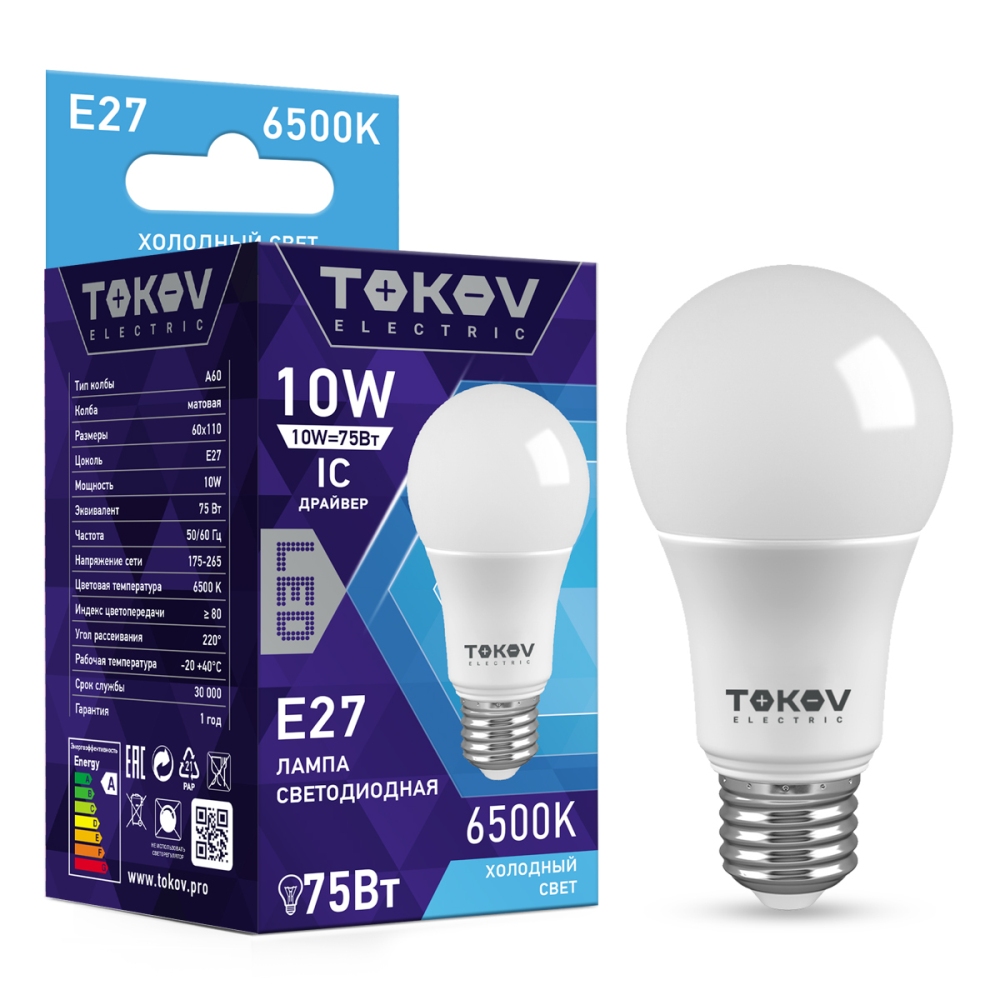 Лампа светодиодная Tokov Electric 10Вт A60 6500к светодиодная лампа asd led jcdr standard 10вт 230в gu5 3 6500к 900лм 4690612018768