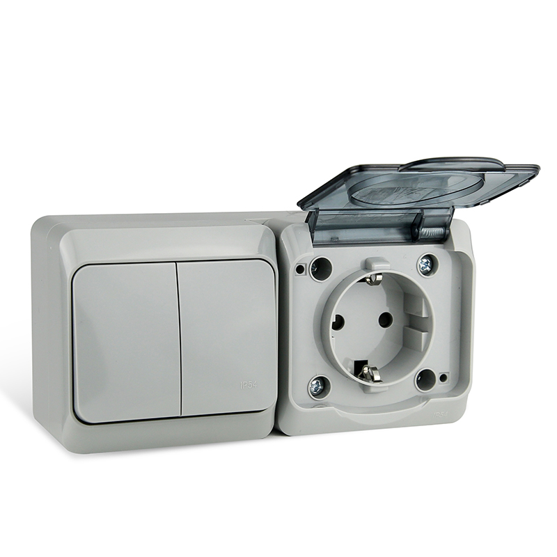 фото Многомодульный блок tokov electric nix розетка и двухклавишный выключатель серый