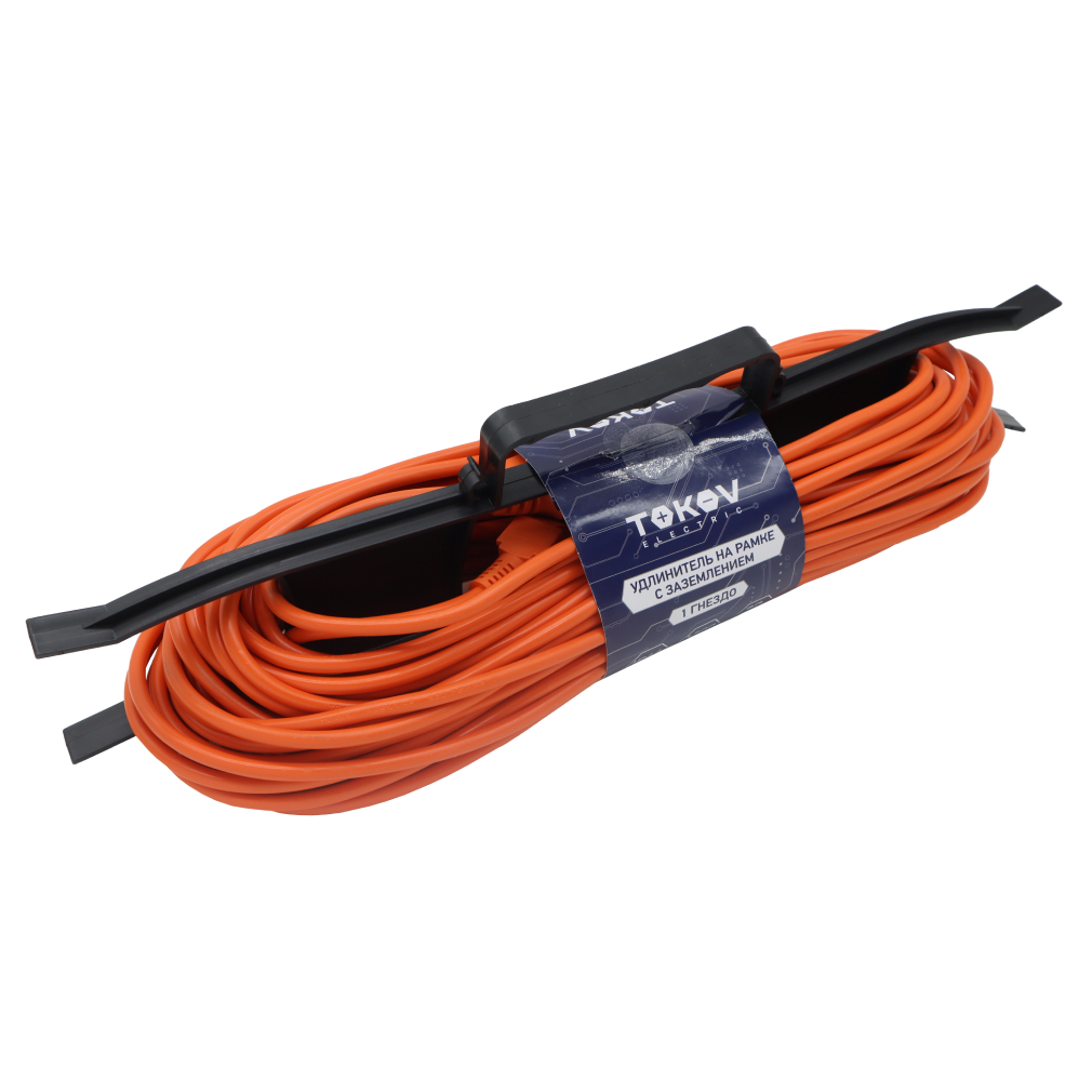 Удлинитель-шнур Tokov Electric на рамке 30 м с заземлением сечение 3х0,75 мм² с защитной крышкой, цвет оранжевый