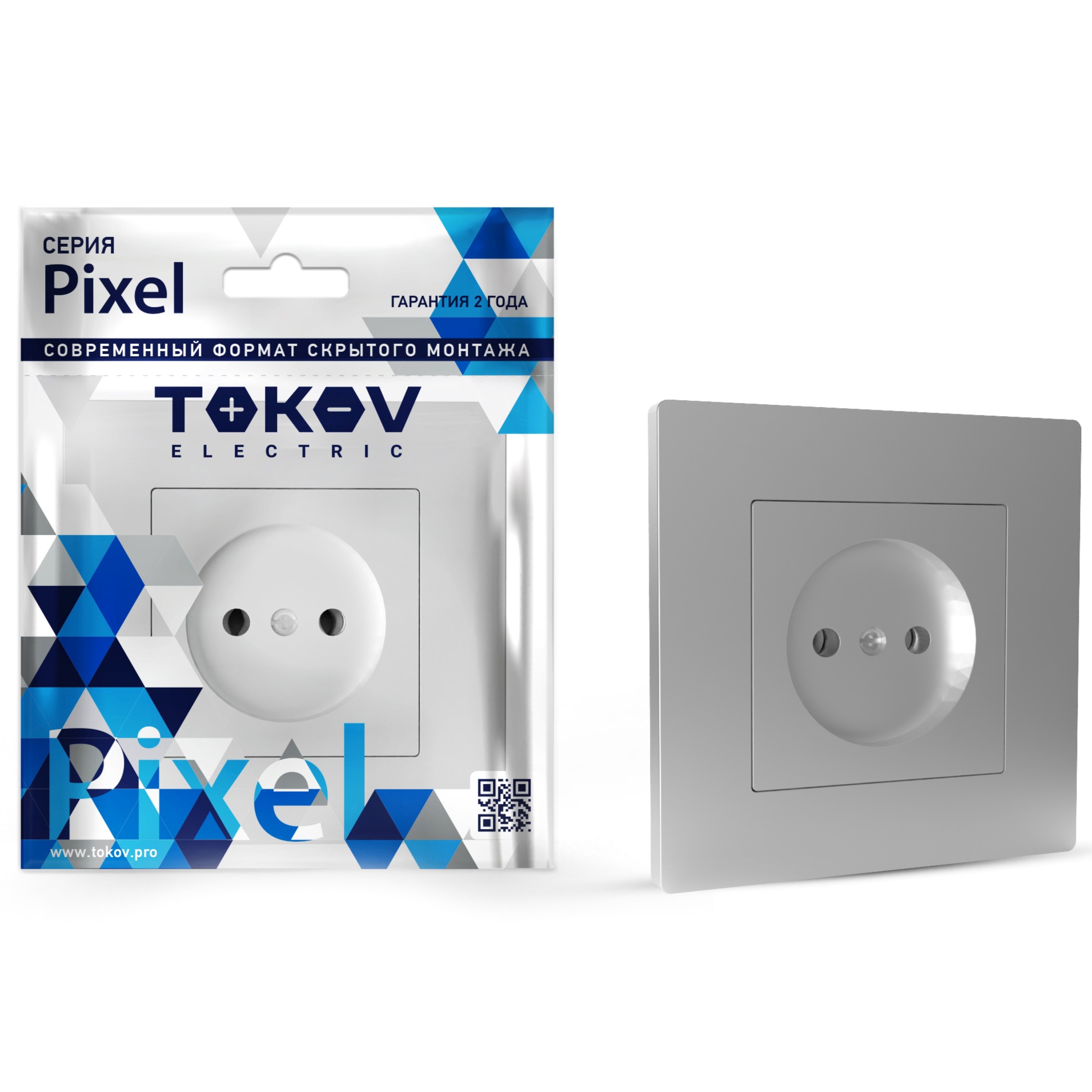 фото Розетка tokov electric pixel 1-м без заземления в сборе цвет алюминий