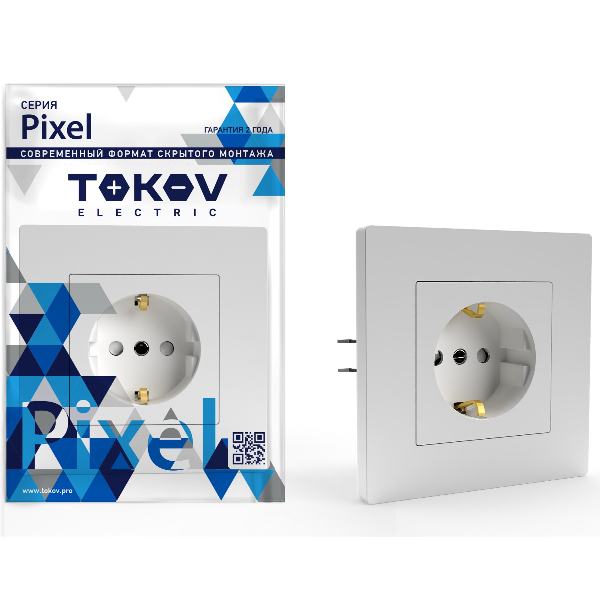 Розетка Tokov Electric Pixel 1-м с заземлением с защитными шторками в сборе белая