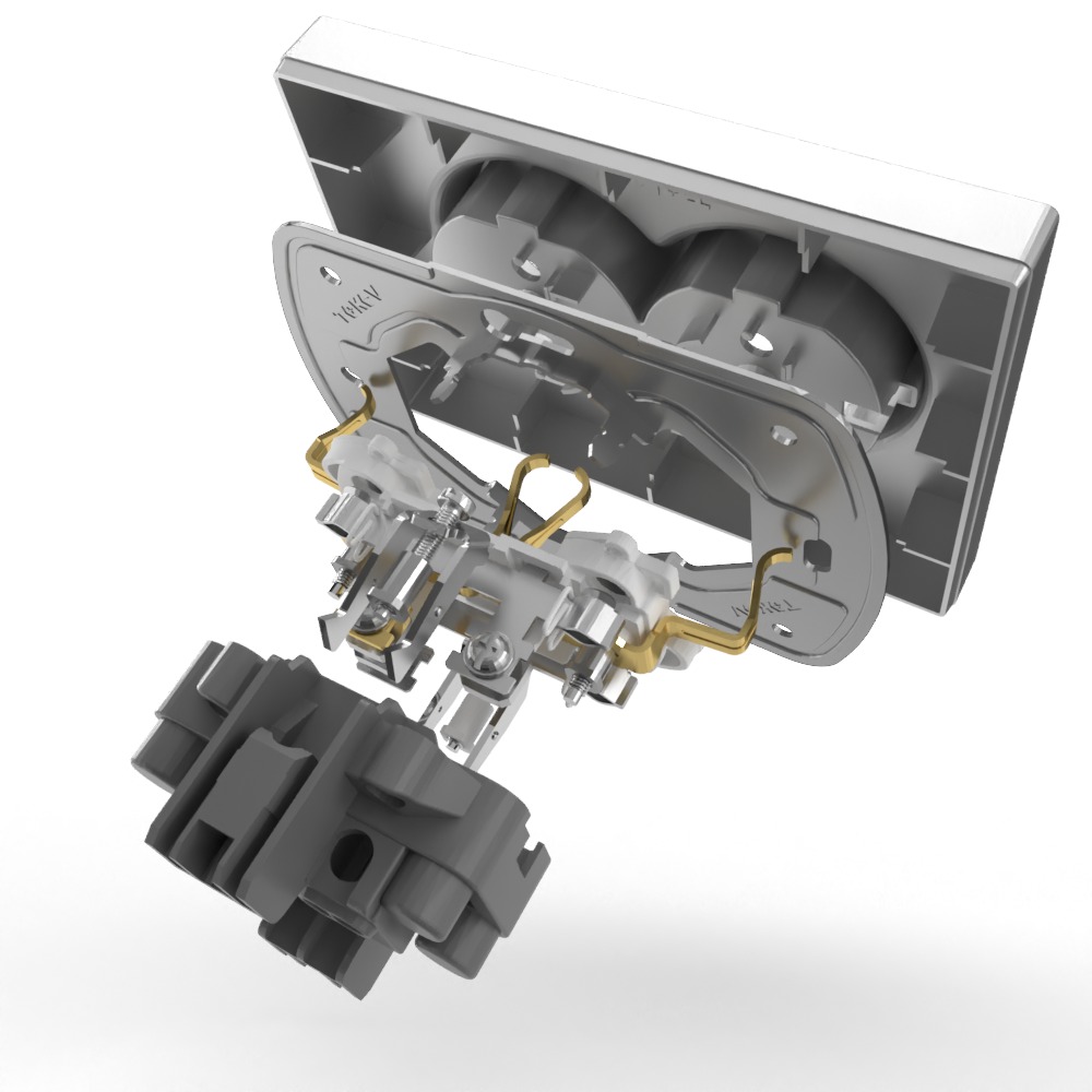 фото Розетка tokov electric pixel 2-м с заземлением с защитными шторками в сборе цвет алюминий