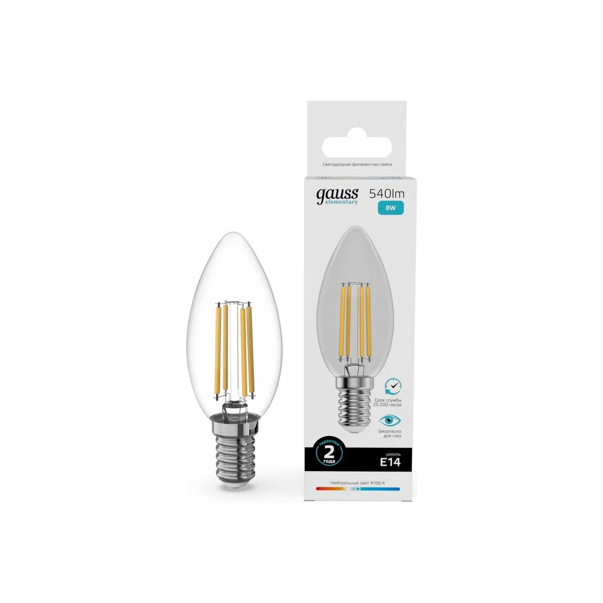 

Лампа Gauss Filament Elementary Свеча 8W 540lm 4100К Е14 LED
