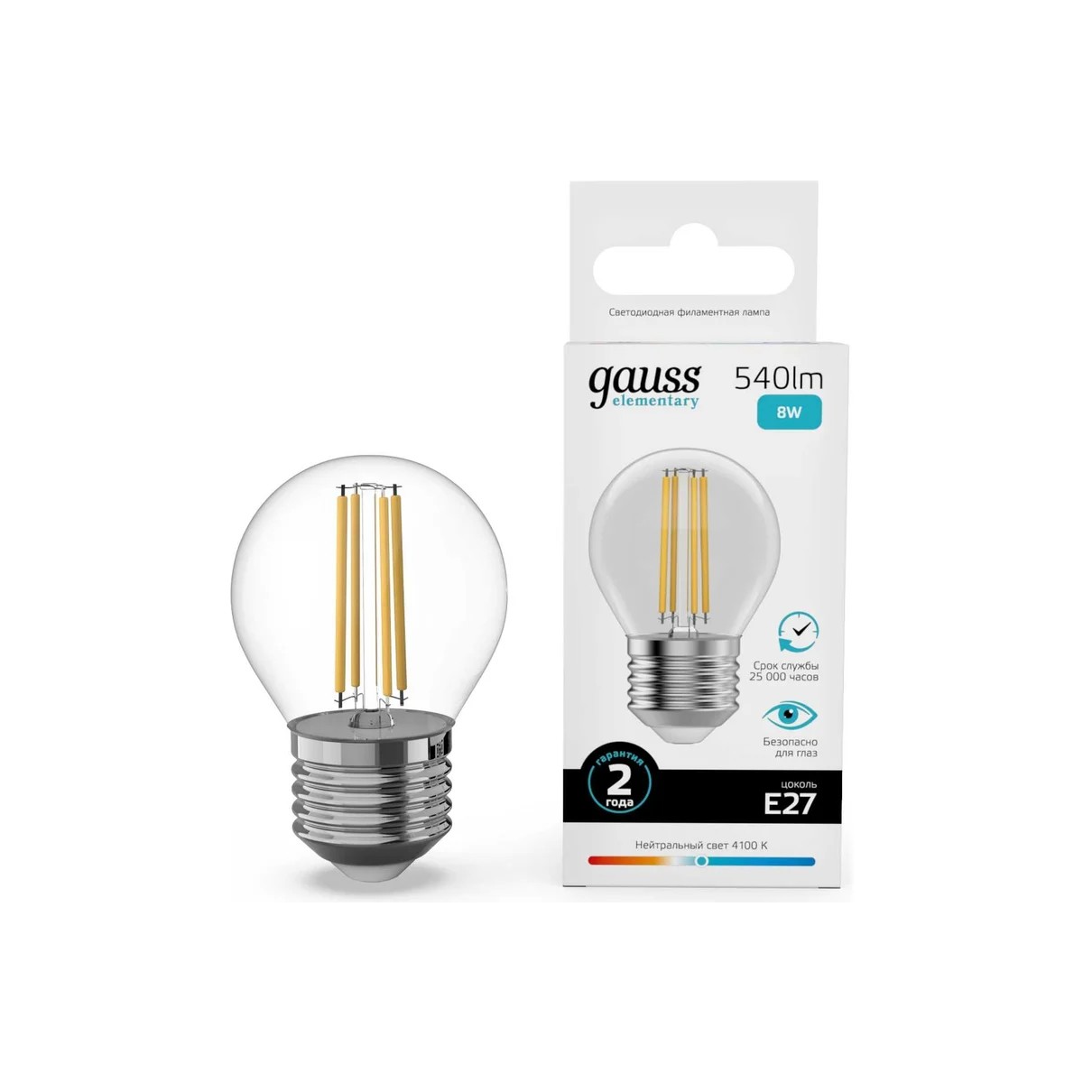 

Лампа Gauss Filament Elementary Шар 8W 540lm 4100К Е27 LED