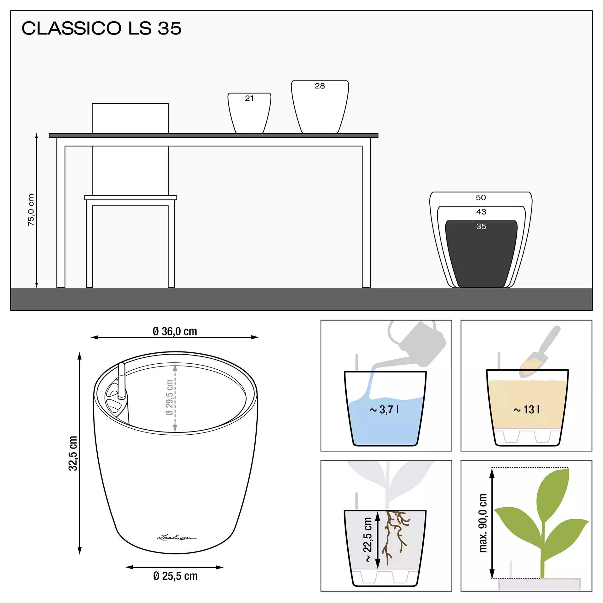 фото Кашпо lechuza classico ls 35см кофе металлический с автополивом