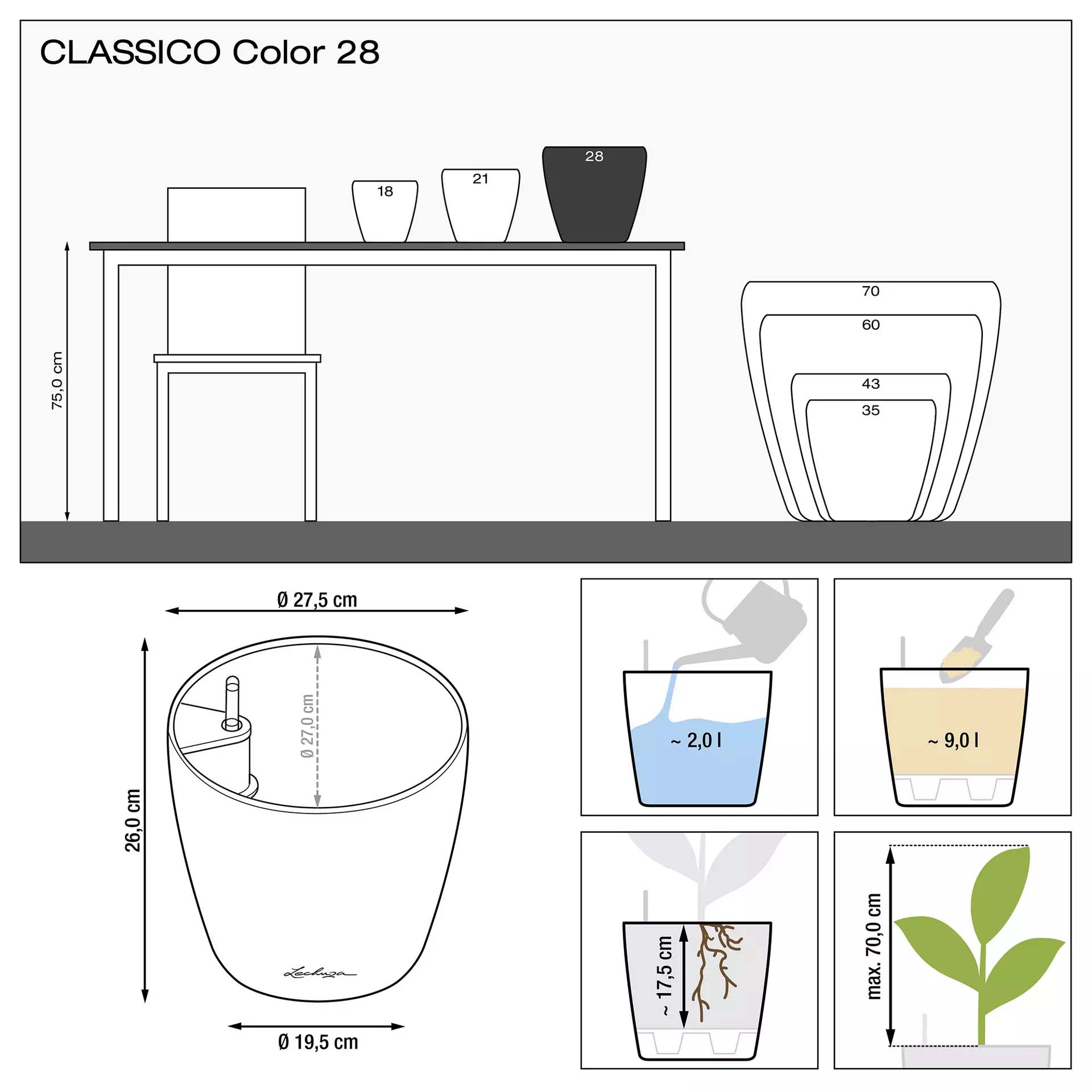 Кашпо Lechuza classico color 28см серый с автополивом Вид№3