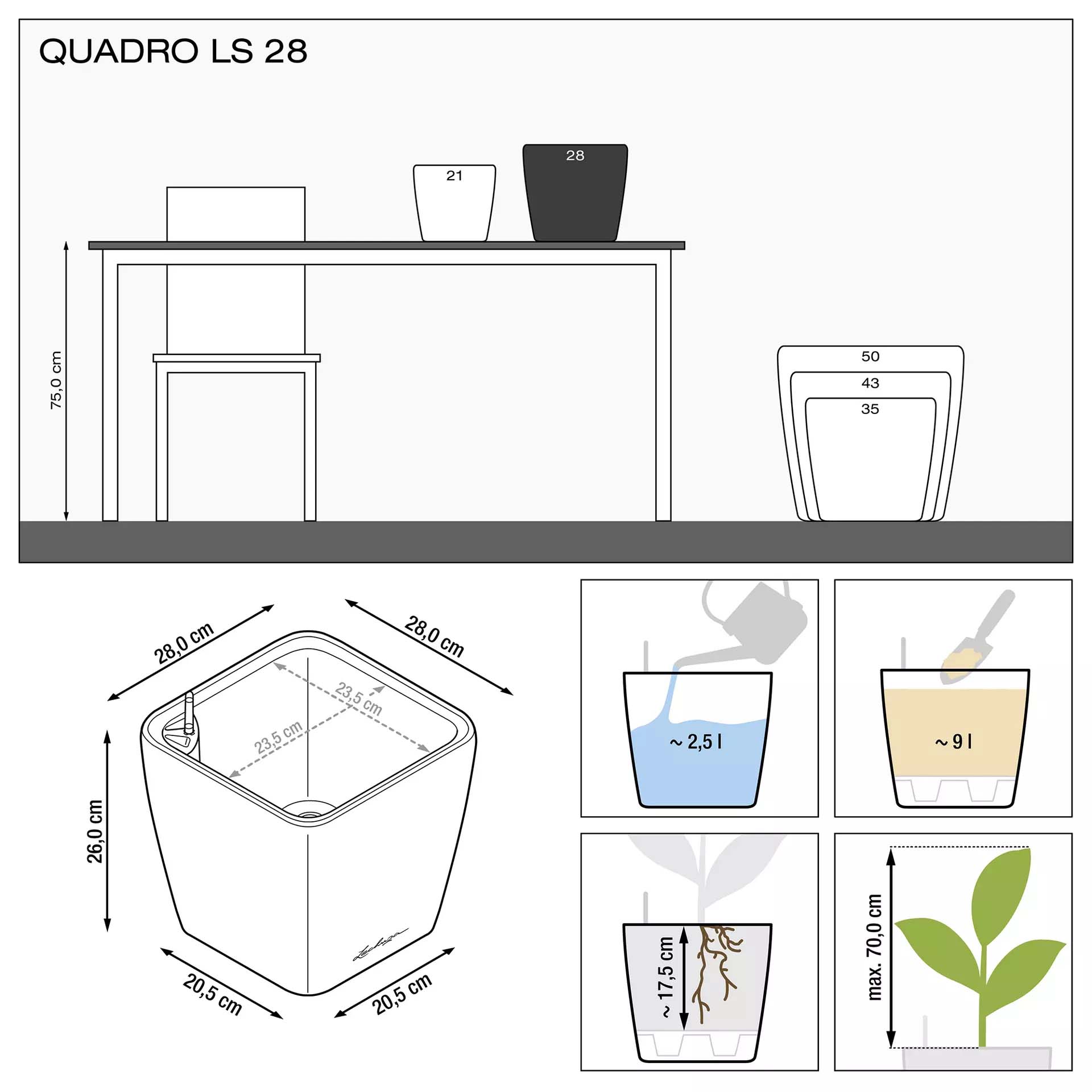 Кашпо Lechuza quadro ls 28см  антрацит металлический с автополивом Вид№4